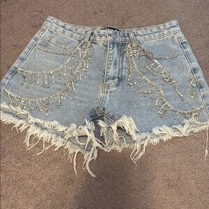 Blue B Collection Denim Rhinestone Fringe Shorts